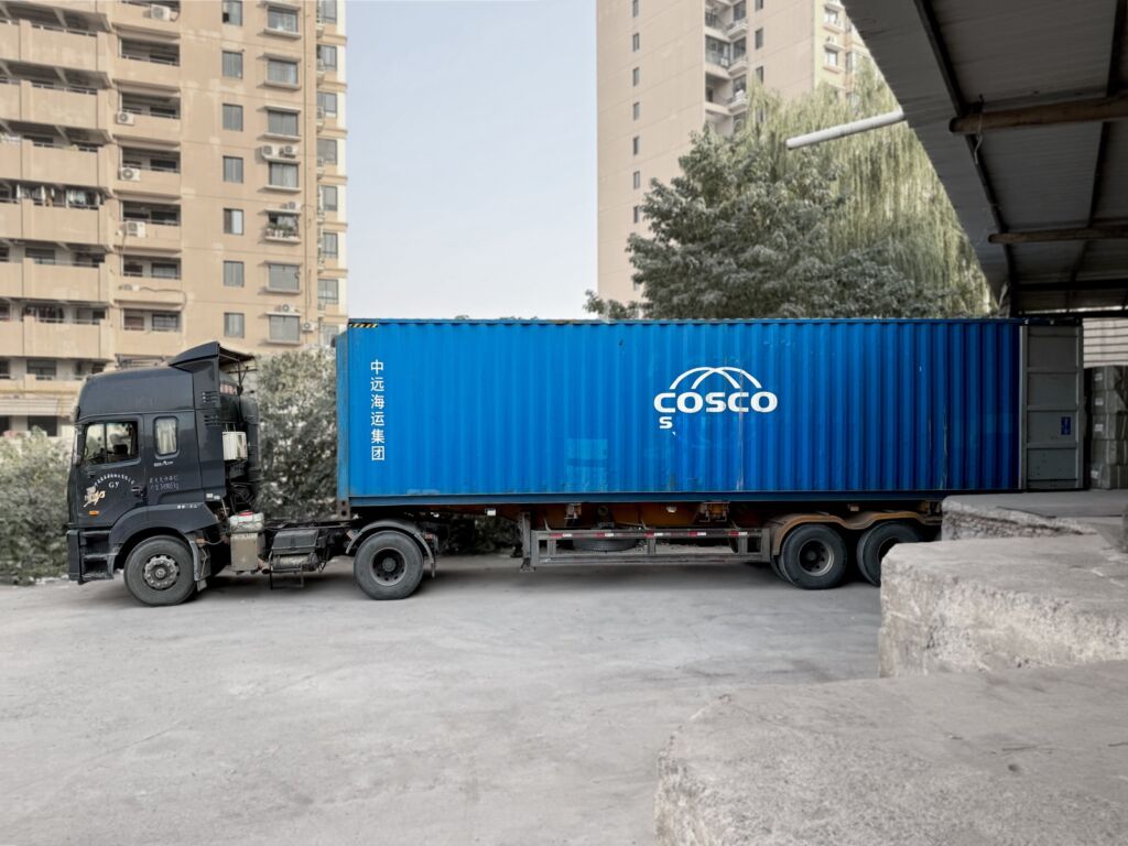 A COSCO shipping container loaded at the Pioneer Group warehouse in Yiwu for export