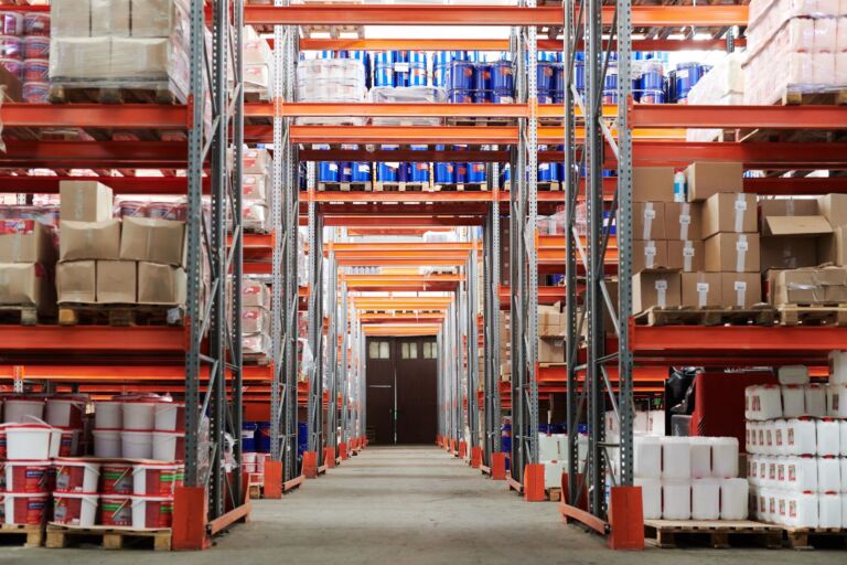Stocked warehouse shelves supporting reordering from China at volume