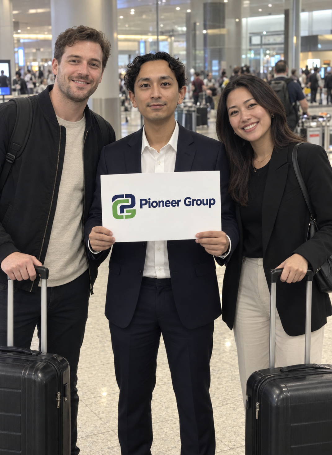 Illustrative airport pickup welcome with Pioneer Group sign